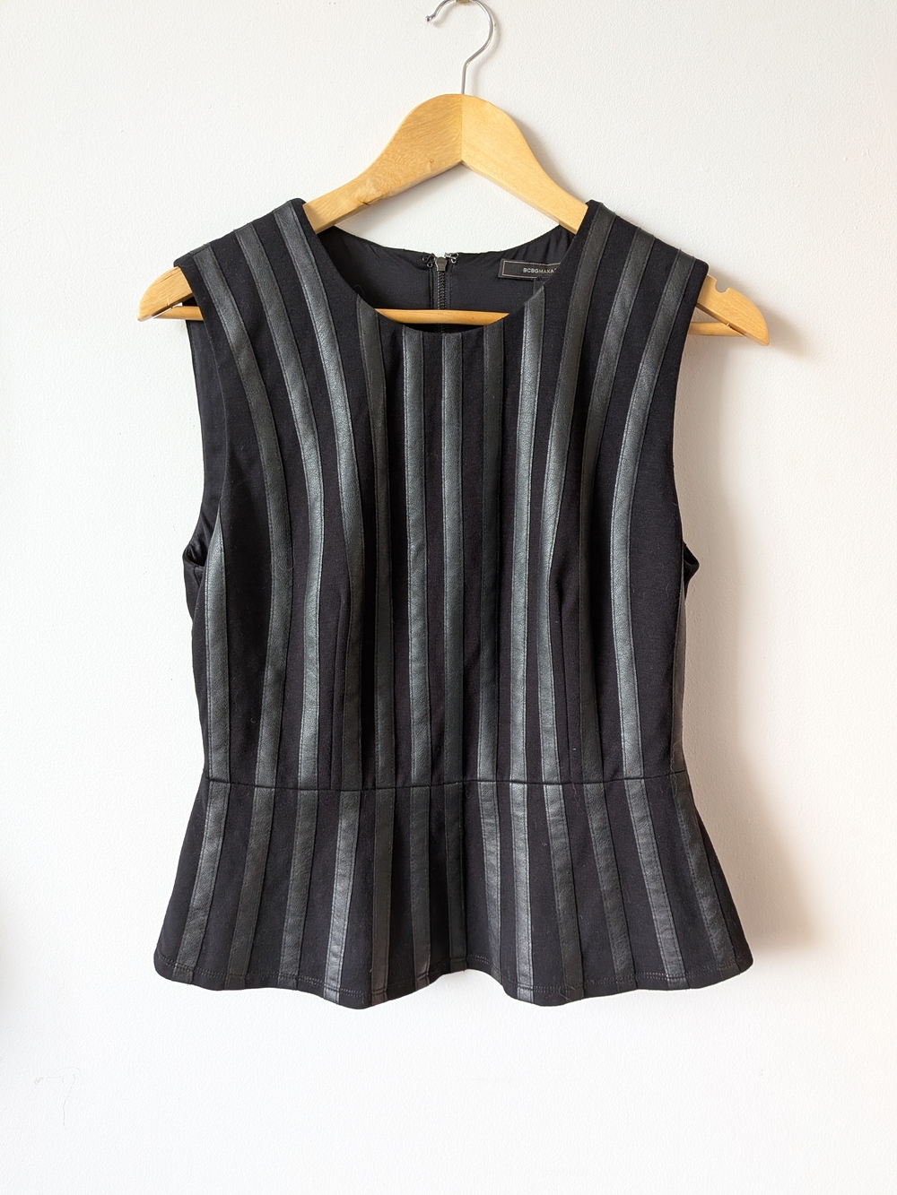 BCBGMaxAzria Black Faux Leather Striped Peplum Top